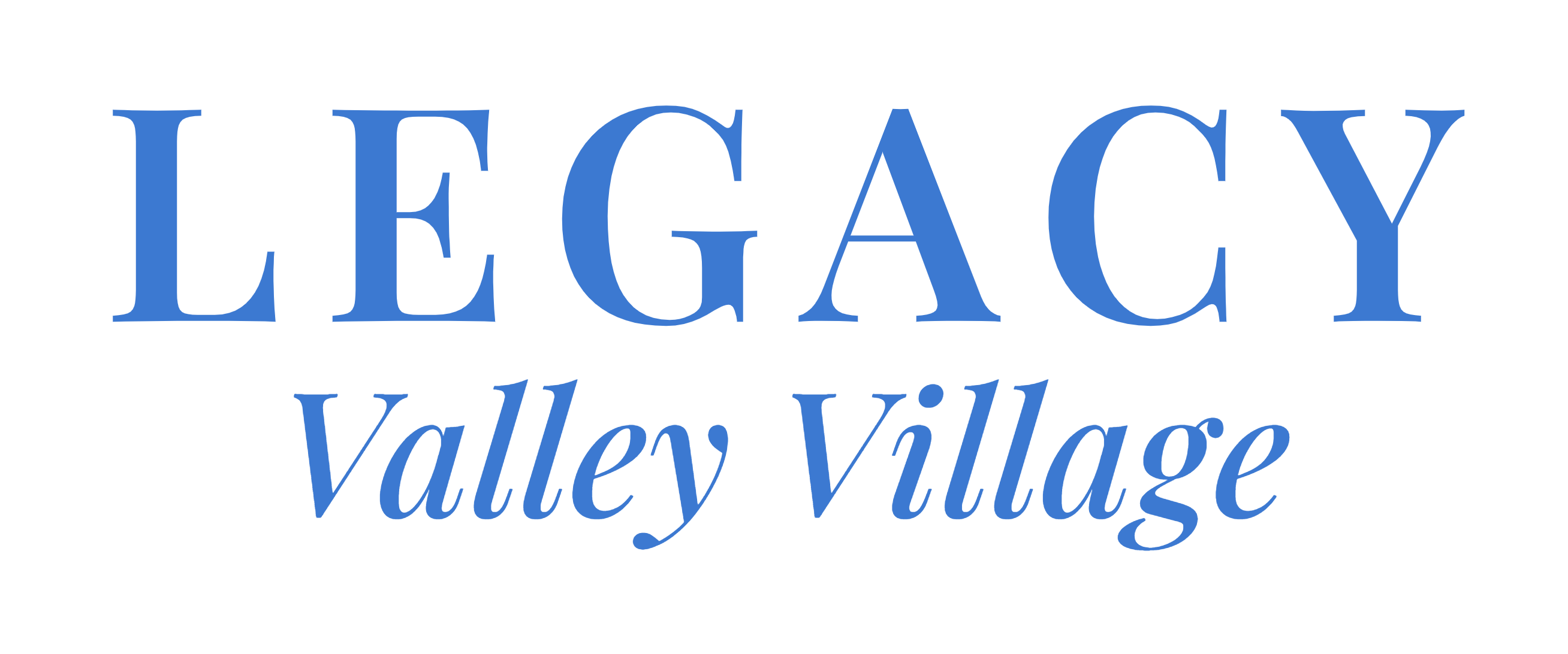 The image displays the words "LEGACY Valley Village" in blue text on a green background.