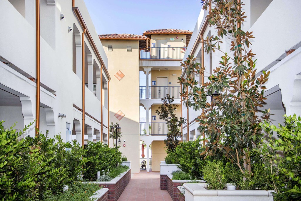 a city street filled with white apartment buildings and plants at Le Blanc Apartment Homes, Canoga Park