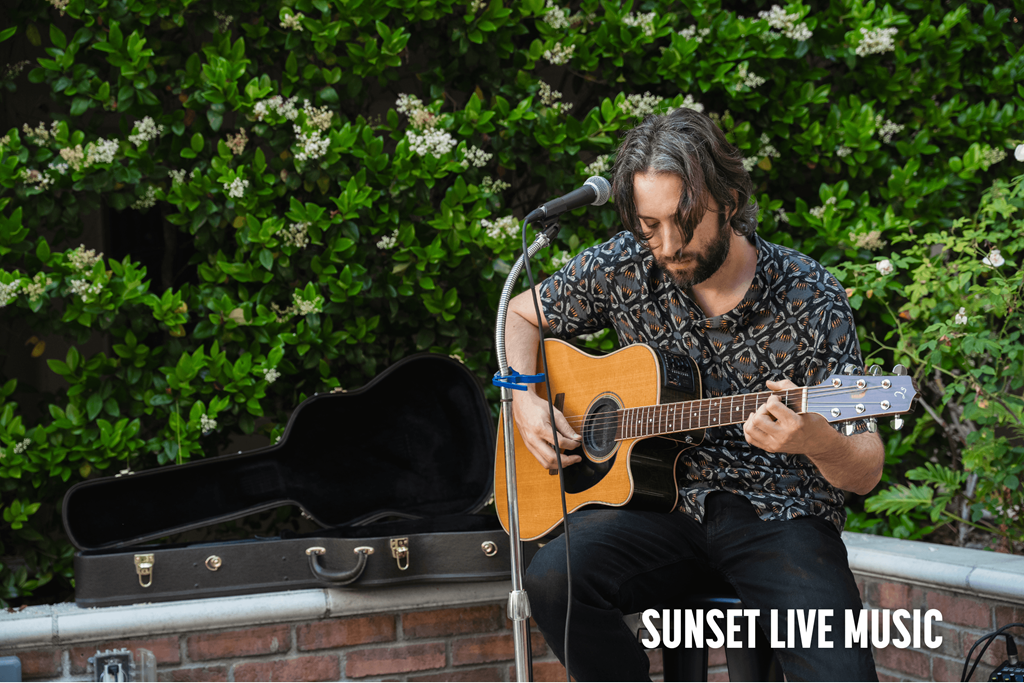 A man playing guitar on a stage with a microphone.