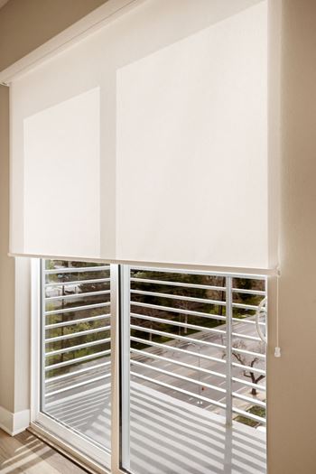 A white window with blinds is open.