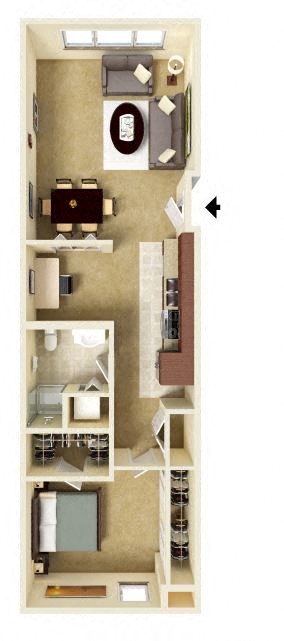 A floor plan of a one-bedroom apartment with a den, kitchen and living room
