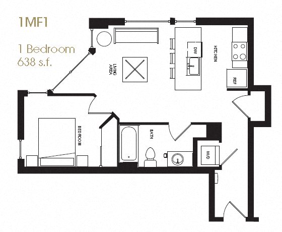 A black and white image of a floor plan for a 1 bedroom, 638 square foot apartment