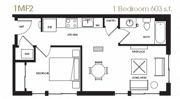 A black and white diagram of a 1 bedroom 603 square foot apartment