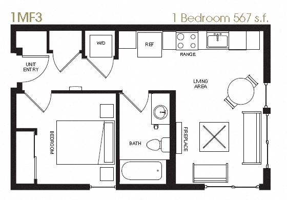 A floor plan of a one bedroom apartment sized at 567 square feet
