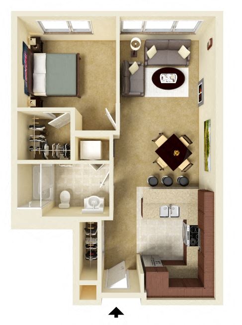 A floor plan of a one bedroom apartment with a kitchen, living room, and bathroom.