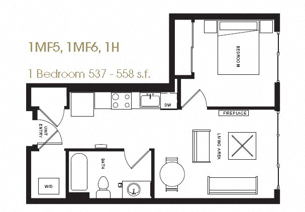 A floor plan of a one bedroom apartment with a living area and a bathroom