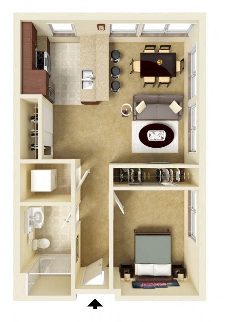 A floor plan of a one bedroom apartment with a kitchen, living room, and bathroom.