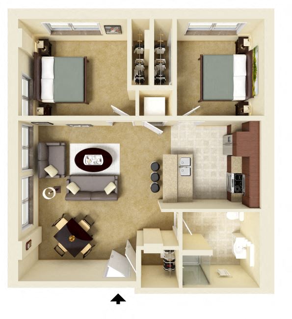 A 3D floor plan of a two bedroom apartment with a living room, kitchen, and bathroom.