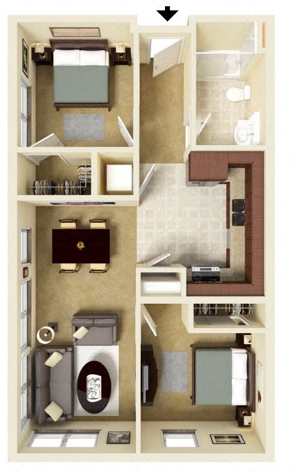 A floor plan of a two bedroom affordable apartment with a kitchen, living room, and bathroom.