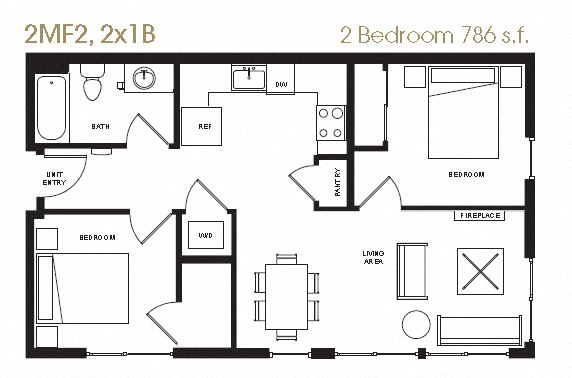 A black and white image of a floor plan for a 2 bedroom, 2 bathroom apartment