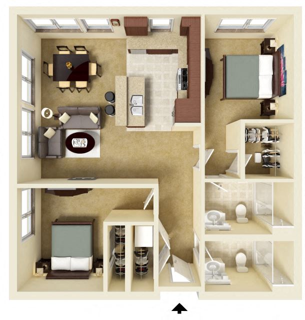 A top down view of a two bedroom apartment layout with a living room, kitchen, and bathroom