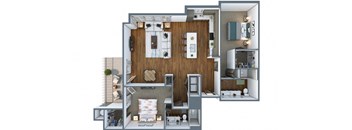 2 bedroom floor plan in 3d at Elevation San Tan, Arizona