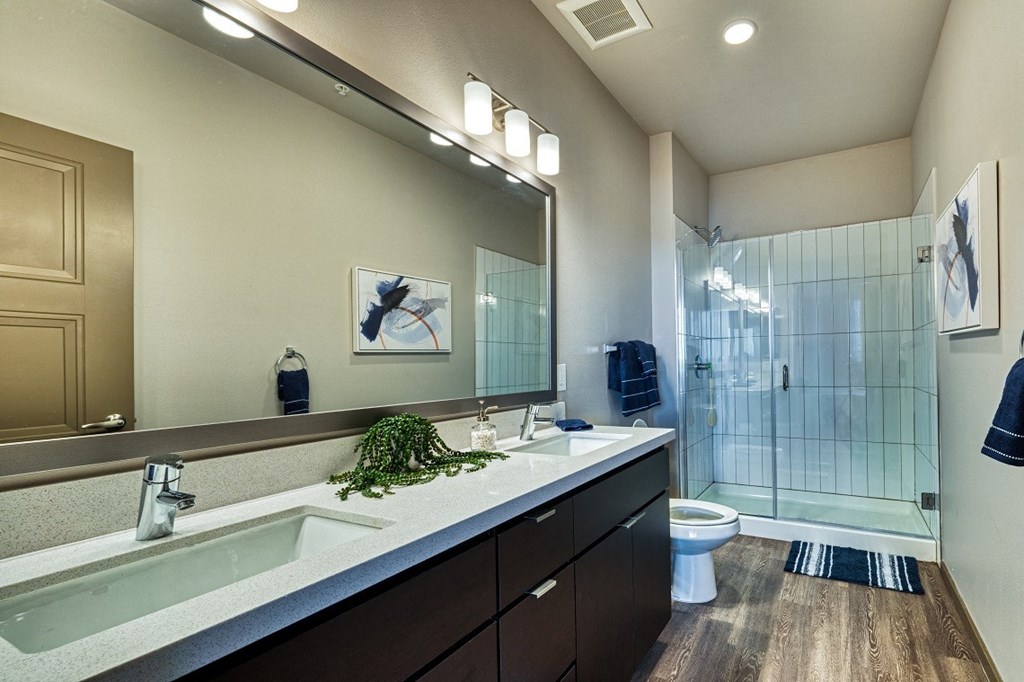 Double sink vanity and walk-in shower at Cuvee, Arizona