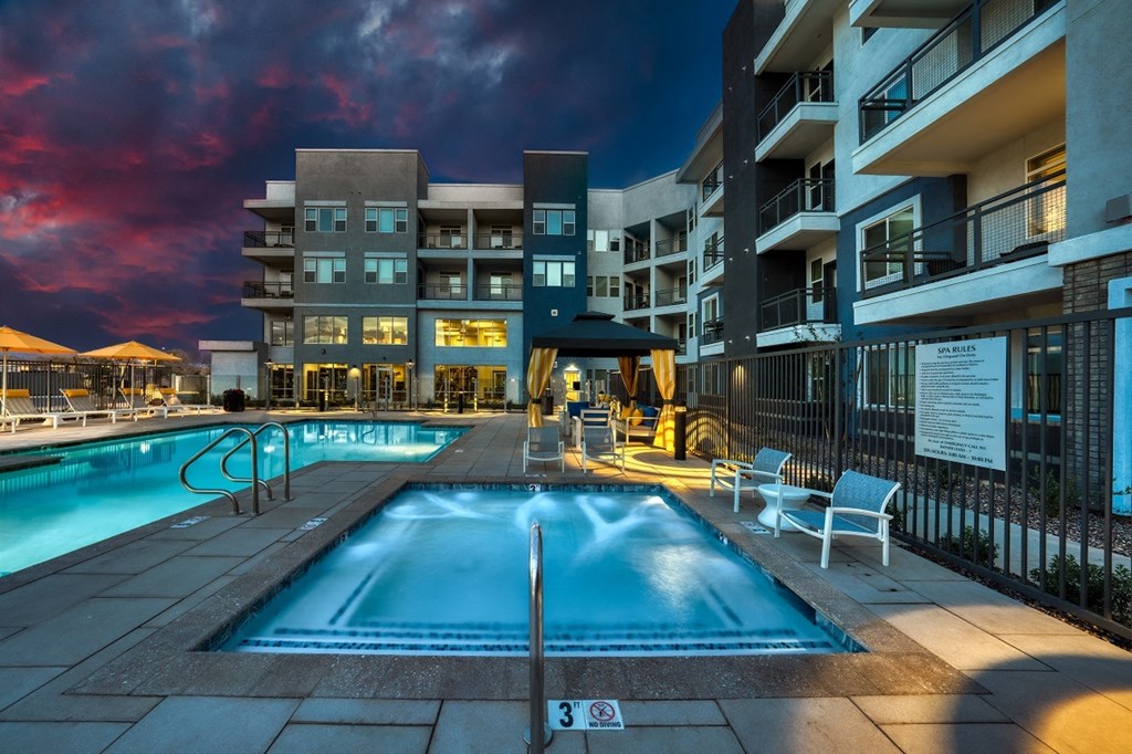 Swimming Pool and spa at dusk at Cuvee, Glendale, 85305