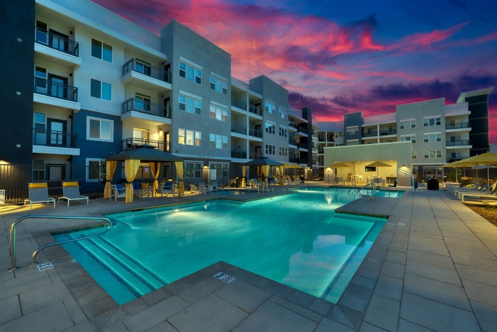 Large swimming pool at dusk at Cuvee, Glendale