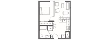 A floor plan of a house with a kitchen, living room, and bathroom at Decibel on 12th, Seattle, Washington