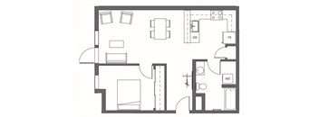 A floor plan of a house with a kitchen, living room, dining room, and bathrooms at Decibel on 12th, Seattle, Washington