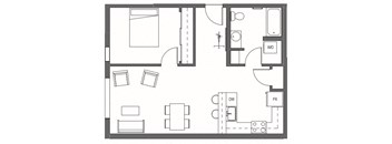 A floor plan of a house with a kitchen, living room, and bathrooms at Decibel on 12th, Seattle, Washington