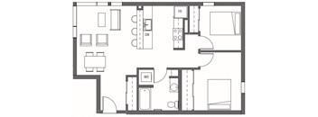 A floor plan of a house with a kitchen, living room, and bathrooms at Decibel on 12th, Seattle, Washington