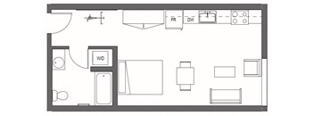 A floor plan of a room with a kitchen area and a bathroom at Decibel on 12th, Seattle, Washington