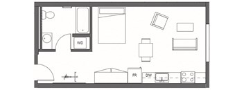 A floor plan of a room with a kitchen area, a living room, and a bathroom at Decibel on 12th, Seattle, Washington