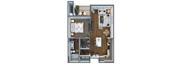 A 3D rendered image of a small apartment layout. Elevation San Tan, Gilbert, Arizona