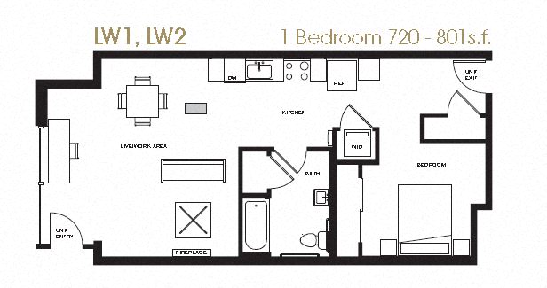 A floor plan of a one bedroom apartment with a living area, kitchen, bathroom and home office space