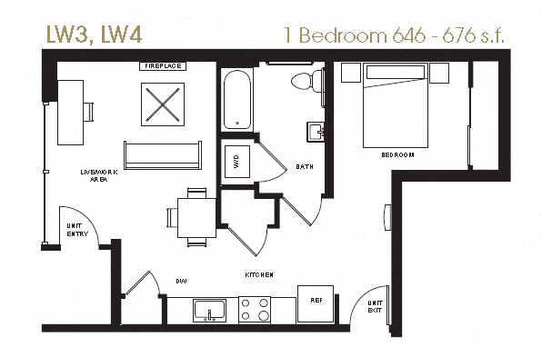 A floor plan of a one bedroom apartment with 646-676 square feet and a home office space