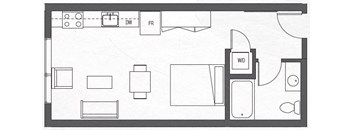 A floor plan of a room with a kitchen area, a living room, and a bathroom.