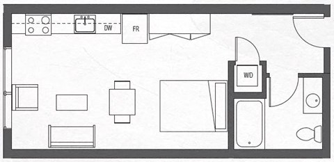 A floor plan of a room with a kitchen area, a living room, and a bathroom.