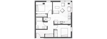 A floor plan of two bedroom apartment with living room, kitchen and bathroom