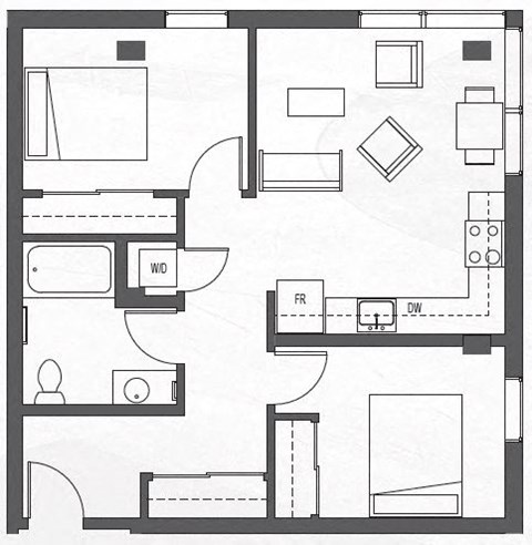 A floor plan of two bedroom apartment with living room, kitchen and bathroom