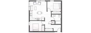 A floor plan of a two bedroom apartment labeled rooms.