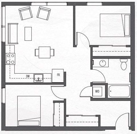 A floor plan of a two bedroom apartment labeled rooms.