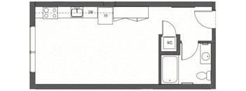 A floor plan of a room with a kitchen area and a living room area.