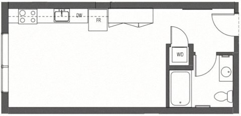 A floor plan of a room with a kitchen area and a living room area.