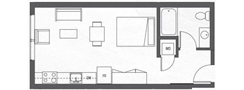 A floor plan of a room with a kitchen area, a living room, and a bathroom.