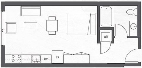 A floor plan of a room with a kitchen area, a living room, and a bathroom.