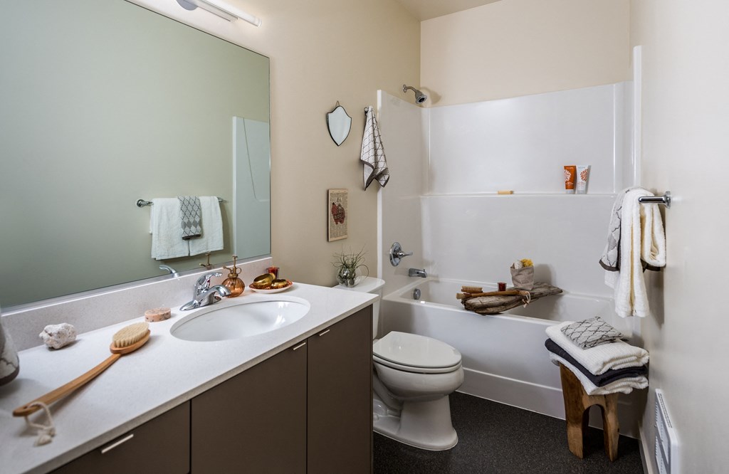 a bathroom with a sink toilet and tub and a mirror