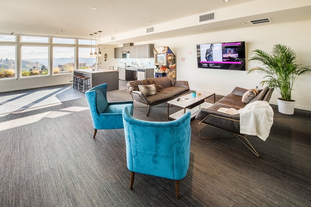 a living room with couches and chairs and a tv