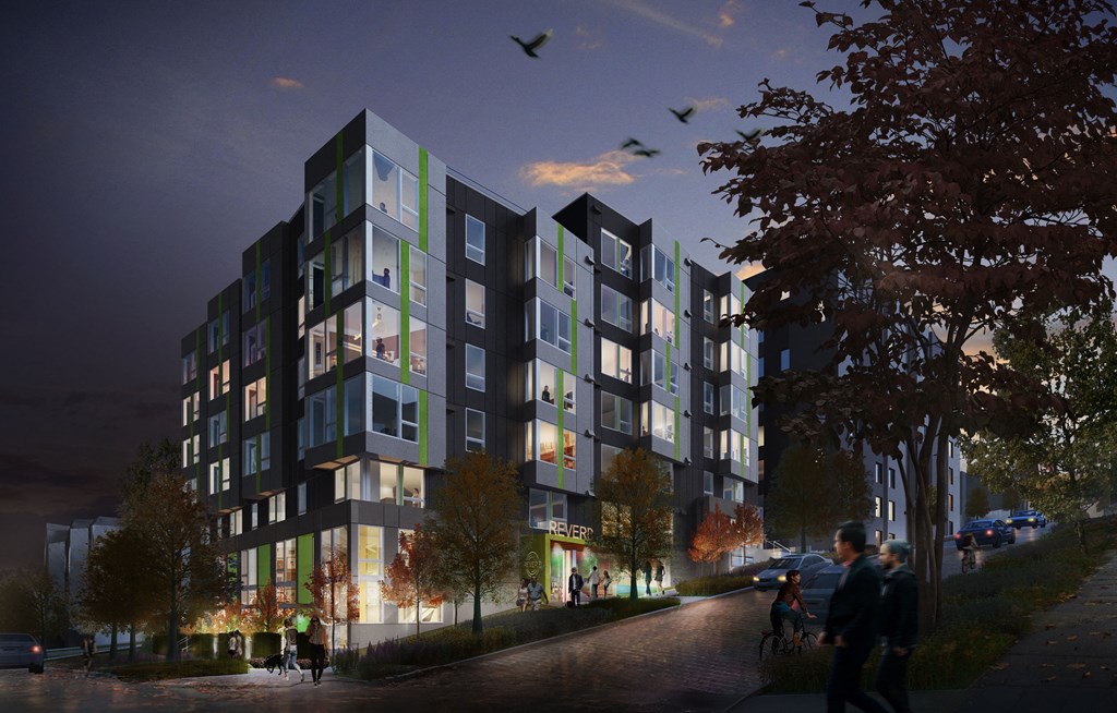 a rendering of an apartment building at night with people walking on the street