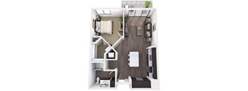 A top-down view of a modern, minimalist bedroom and bathroom.