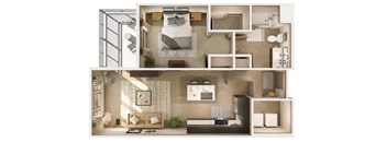 a 3d floor plan of a bedroom with a bed and a closet at Cuvee, Glendale, AZ 85305