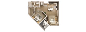 a 3D floor plan of a home with a bedroom and a living room at Cuvee, Glendale, AZ