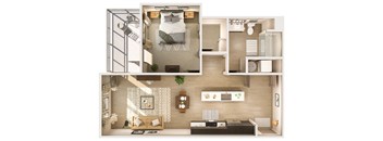 a 3d drawing of a bedroom with a bed and a living room at Cuvee, Glendale