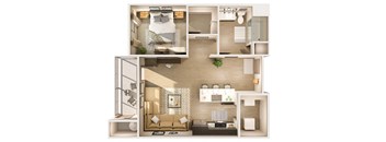 3D floor plan of the living room of this apartment has a bedroom and a balcony at Cuvee, Arizona