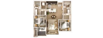 a 3D floor plan with a two bedroom apartment and a living room at Cuvee, Glendale, AZ