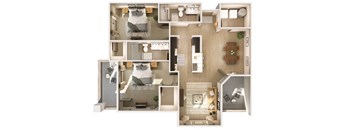 a 3d floor plan with 2 bedrooms and living room at Cuvee, Glendale, 85305