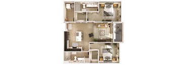 a 3D floor plan with 2 bedrooms and a living room at Cuvee, Glendale Arizona