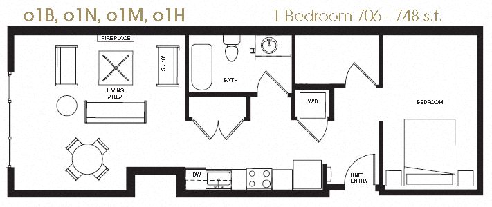 A black and white image of a open one bedroom apartment layout.